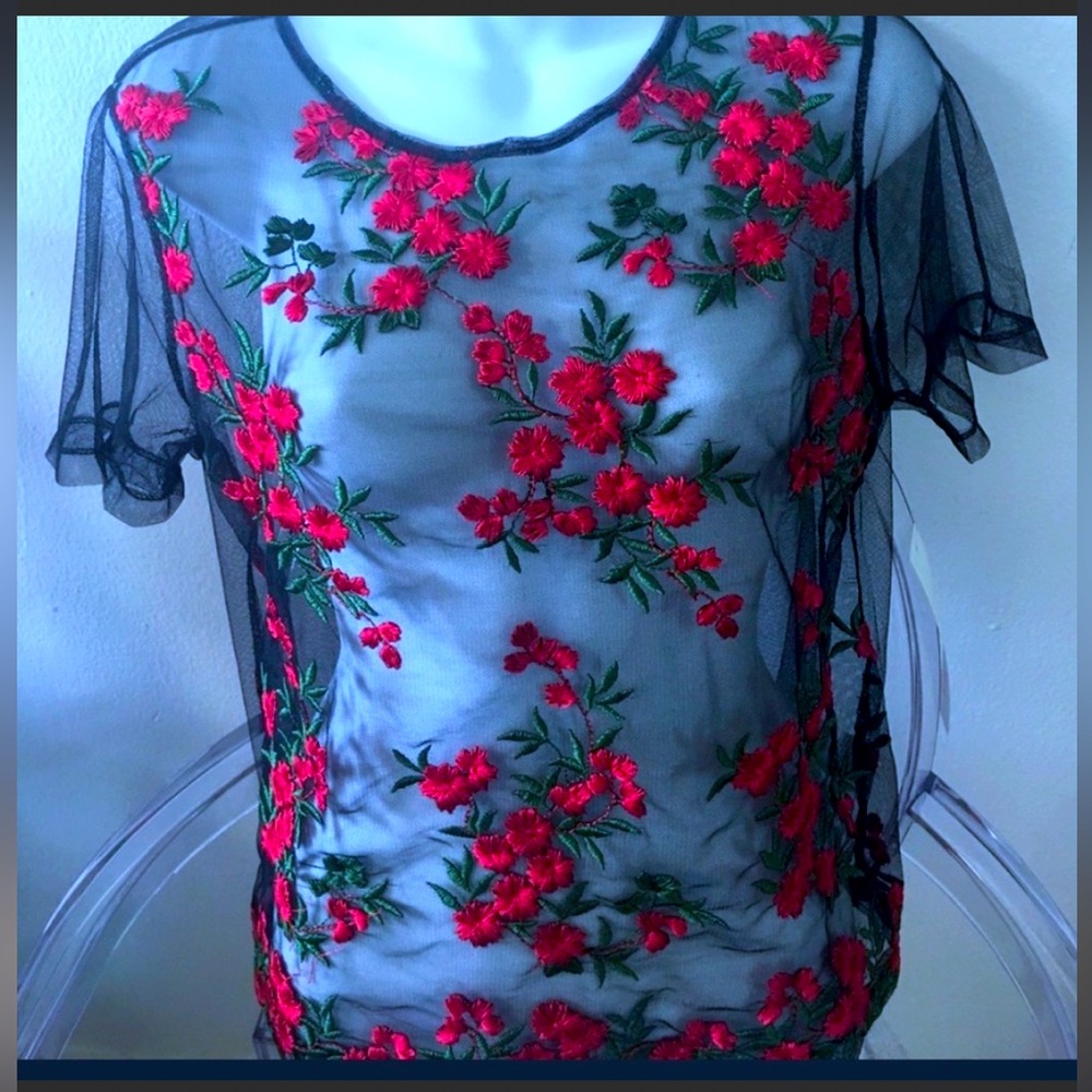 Sheer roses embroidery black tulle top